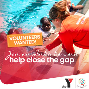 Poster image for YMCA Remote Pools project. Recruitment poster with swim teacher leaning over the side of the pool to talk to students.