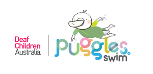 Deaf Children Australia Puggles Swim Logo. Platypus mascot swimming about text.