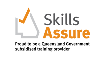 Skills assure logo. grey and orange text against a clear background.