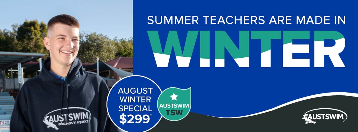 AUSTSWIM Summer teachers are made in Winter campaign banner image - Boy smiling wearing AUSTSWIM hoodie