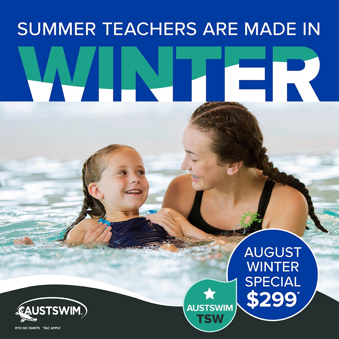 AUSTSWIM Summer teachers are made in Winter campaign banner image - teacher holding child student in the pool, both smiling