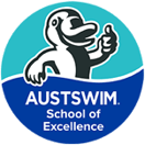AUSTSWIM School of Excellence Logo. Platypus mascot giving thumbs up.
