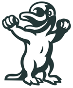 AUSTSWIM platypus mascot pip. Animated platypus with arms above head smiling.