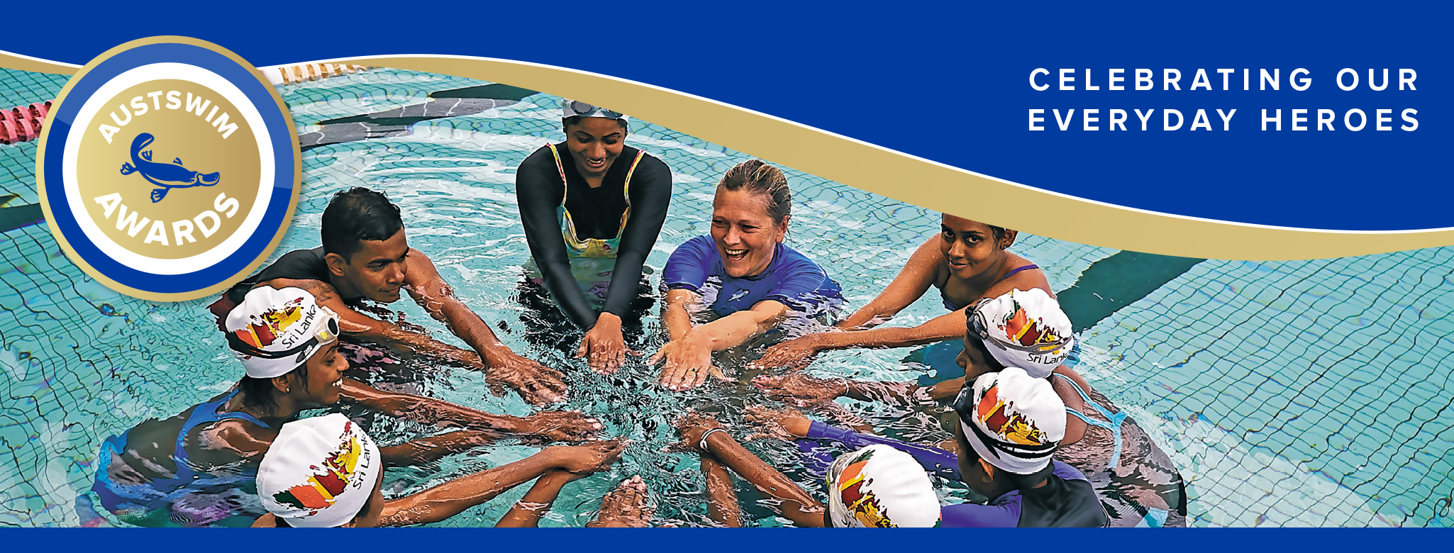 AUSTSWIM Awards banner image. Teacher and students in a pool all smiling with their hand in the middle of a circle. In a swimming pool.